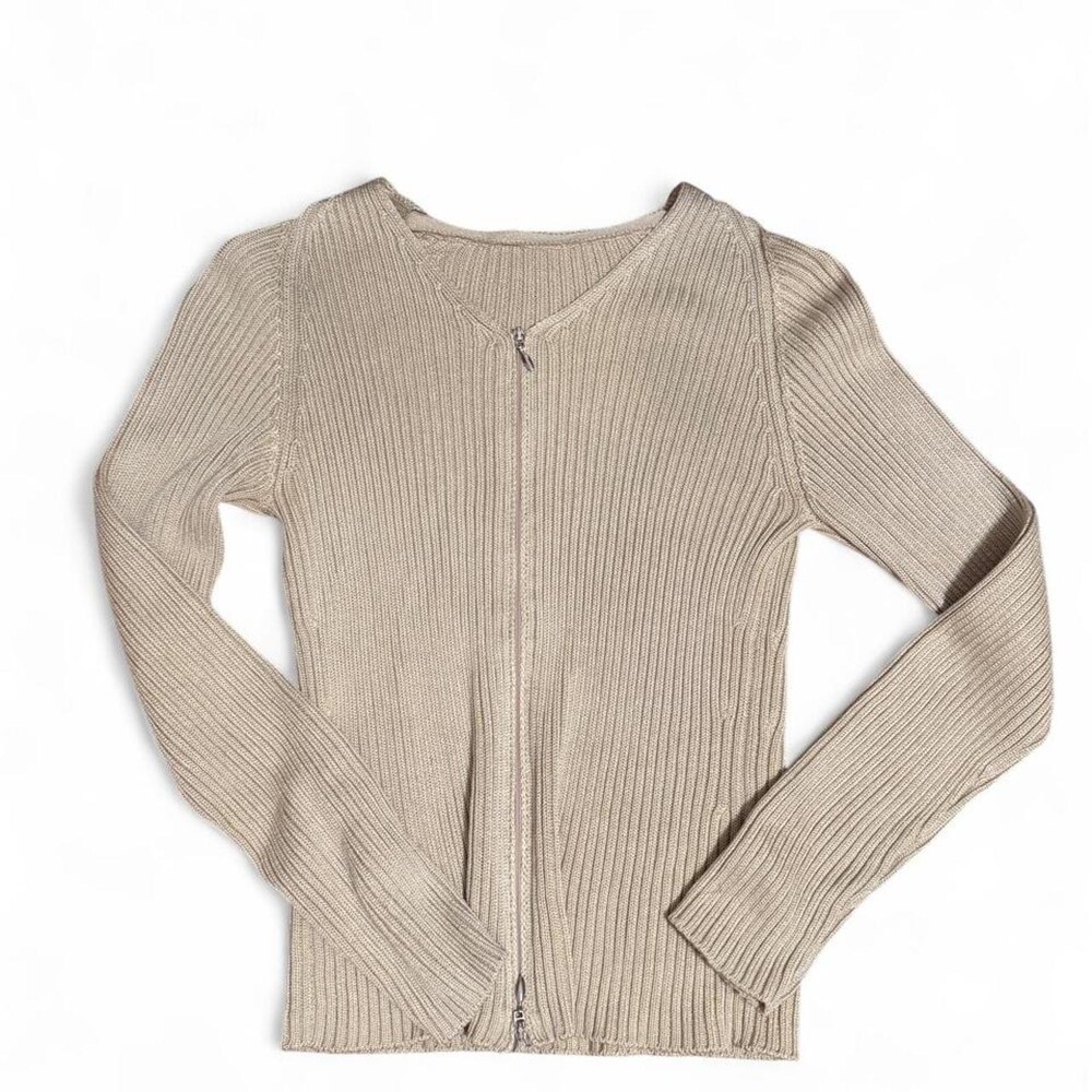 Cream ribbed knit double zip up long sleeve top #ribbed #knit